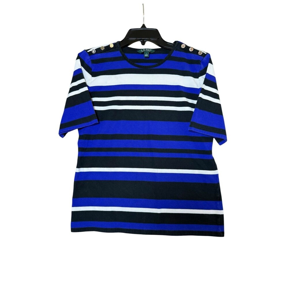 Lauren Ralph Lauren Striped Button-Shoulder Nautical Vibe Black/Blue/White Top-L